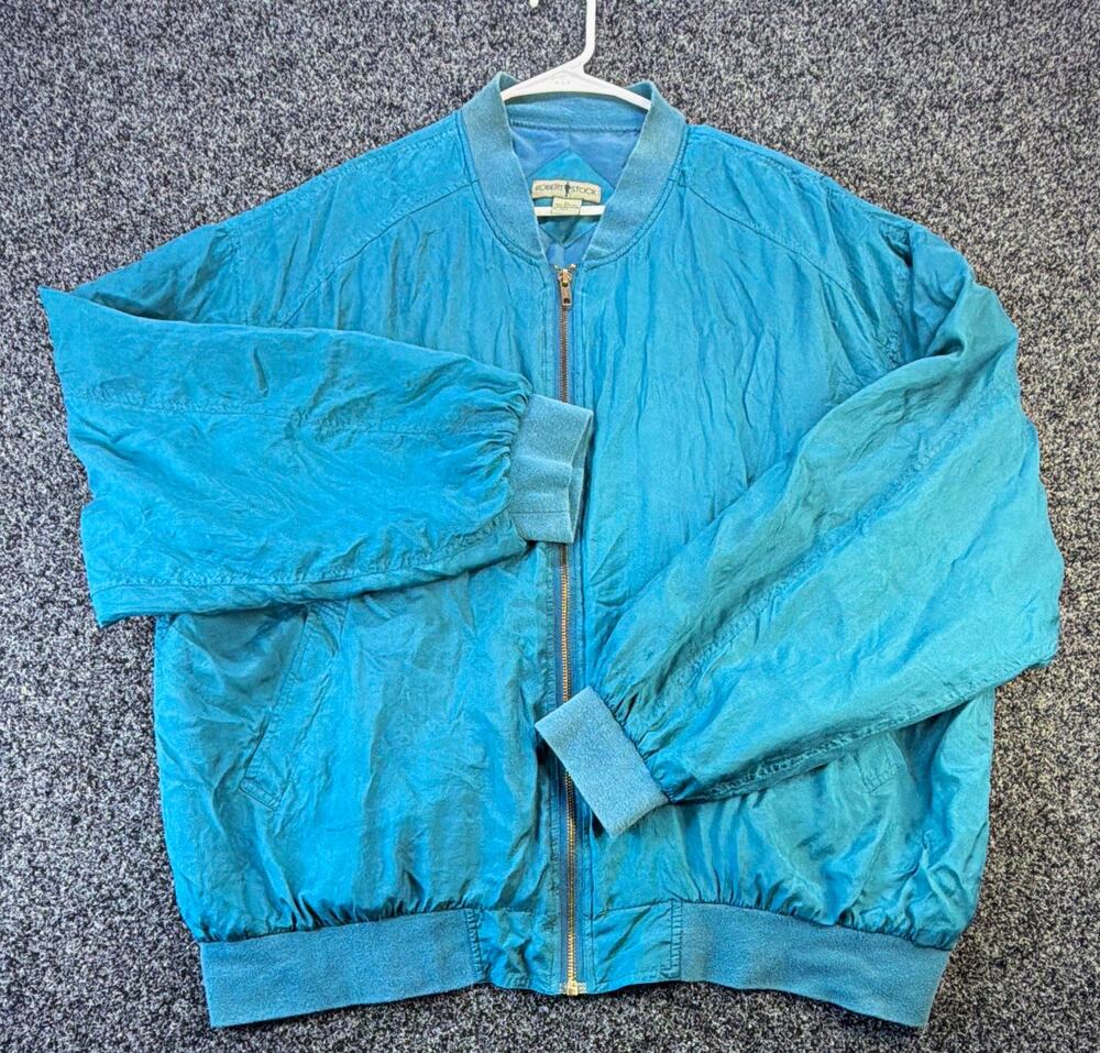 Vintage Robert Stock Silk Bomber Jacket Mens XL Teal Blue Full Zip 80s 90s